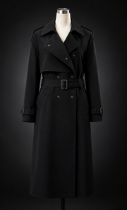 BRAVON women's black asymmetric belted trench coat front view