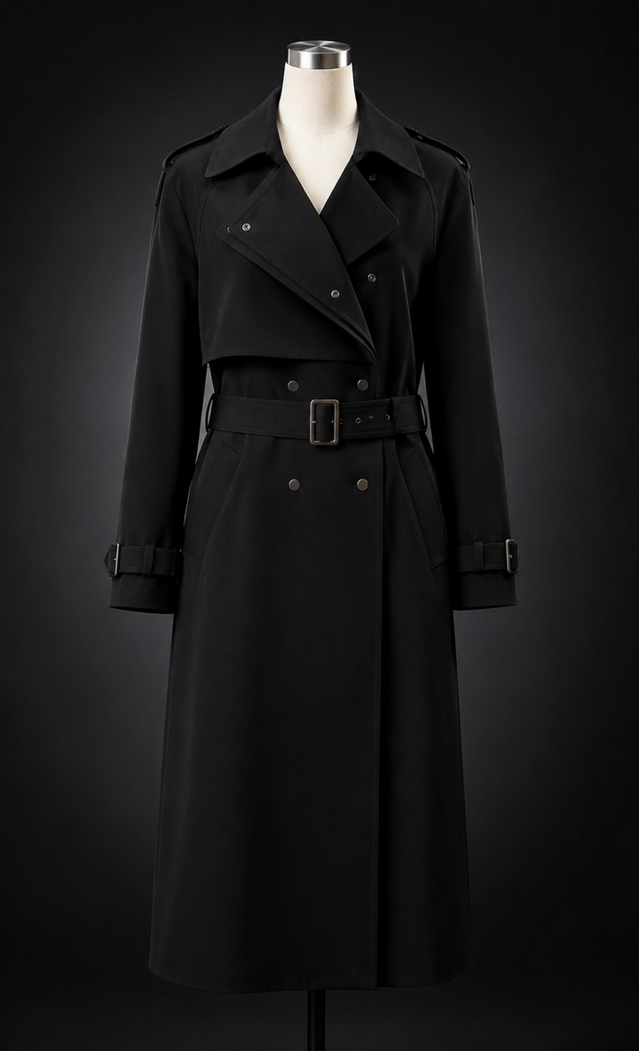 BRAVON women's black asymmetric belted trench coat front view
