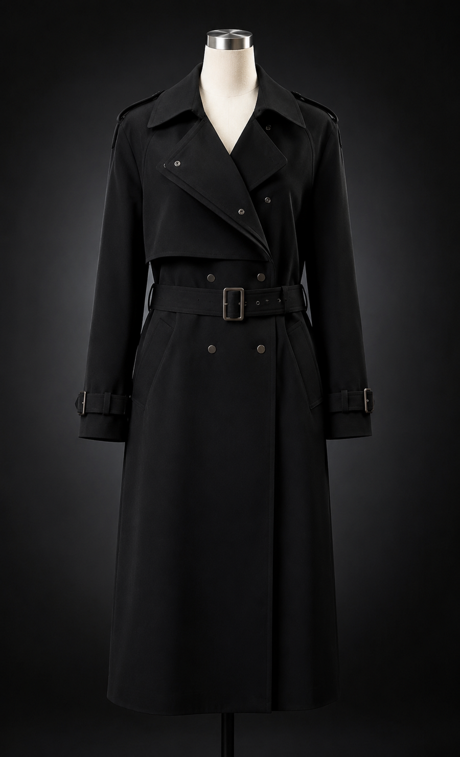 Black Asymmetric Belted Trench Coat