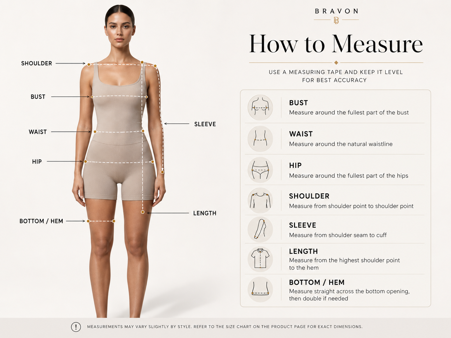 BRAVON women's how to measure guide showing bust, waist, hip, shoulder, sleeve, length and bottom hem measurement points